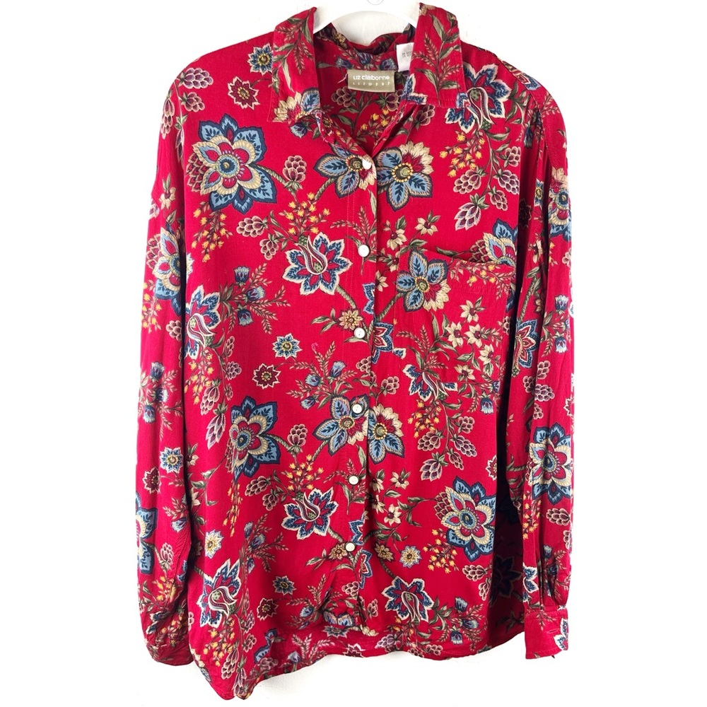 Liz Claiborne Shirt Womens Large Red Floral Long Sleeve Rayon Abalone Buttons